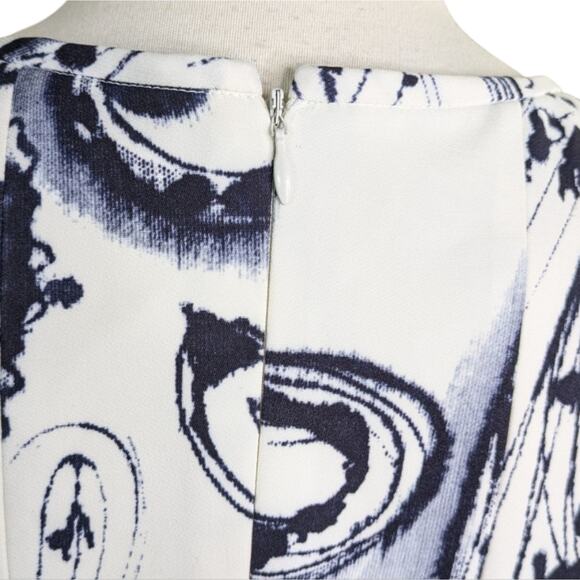 Escada Midi Dress Medium Abstract Paisley Blue Off-White Pleated Career Sleevele - Picture 7 of 12